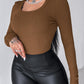 U Neck Built in Bra Long Sleeve Ribbed Top