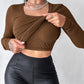 U Neck Built in Bra Long Sleeve Ribbed Top