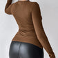 U Neck Built in Bra Long Sleeve Ribbed Top