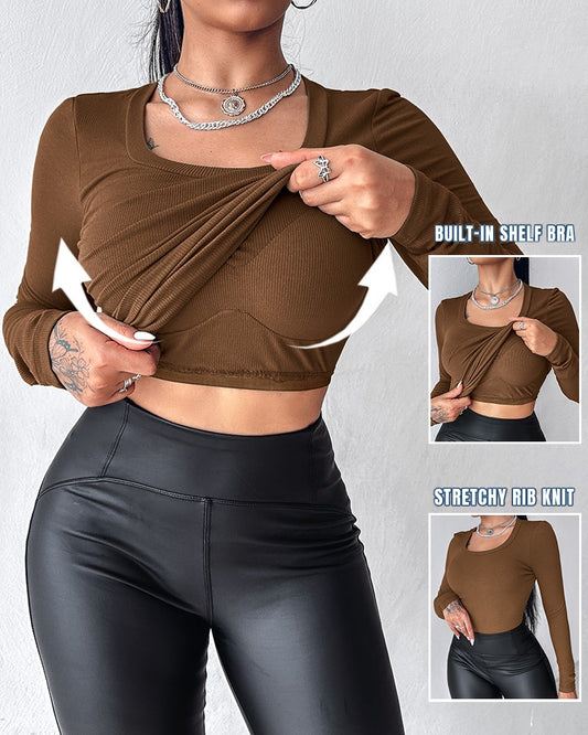 U Neck Built in Bra Long Sleeve Ribbed Top