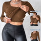 U Neck Built in Bra Long Sleeve Ribbed Top