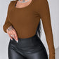 U Neck Built in Bra Long Sleeve Ribbed Top