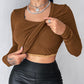 U Neck Built in Bra Long Sleeve Ribbed Top