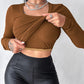 U Neck Built in Bra Long Sleeve Ribbed Top