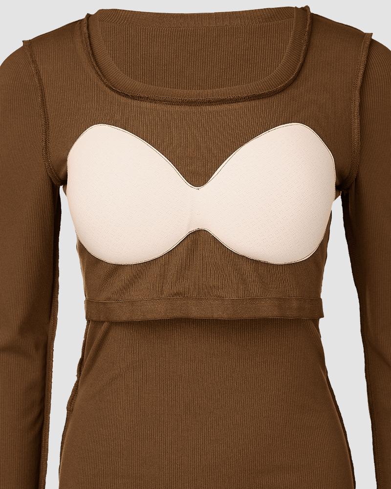 U Neck Built in Bra Long Sleeve Ribbed Top