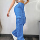 High Waist Pocket Design Cargo Pants Casual Loose Fit Active Pants