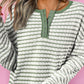 Green Stripe Textured Frilly Trim Buttons Henley Long Sleeve Top