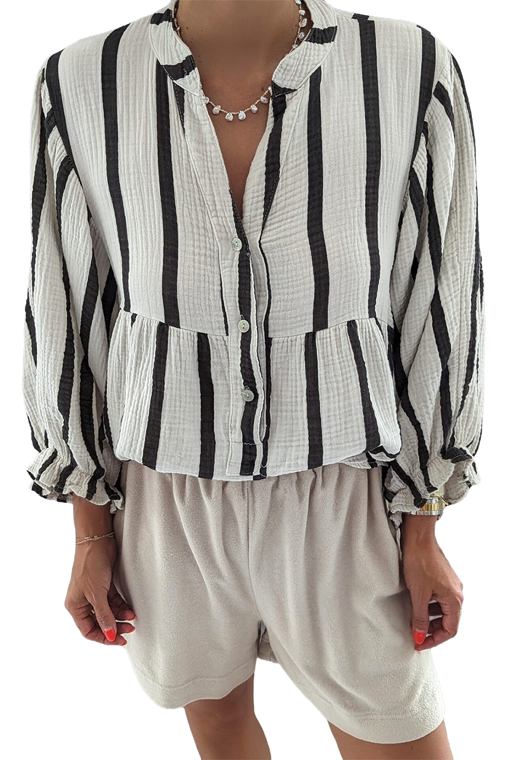 Black Stripe Crinckled Ruffled Sleeve Button up Loose Shirt