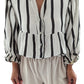 Black Stripe Crinckled Ruffled Sleeve Button up Loose Shirt