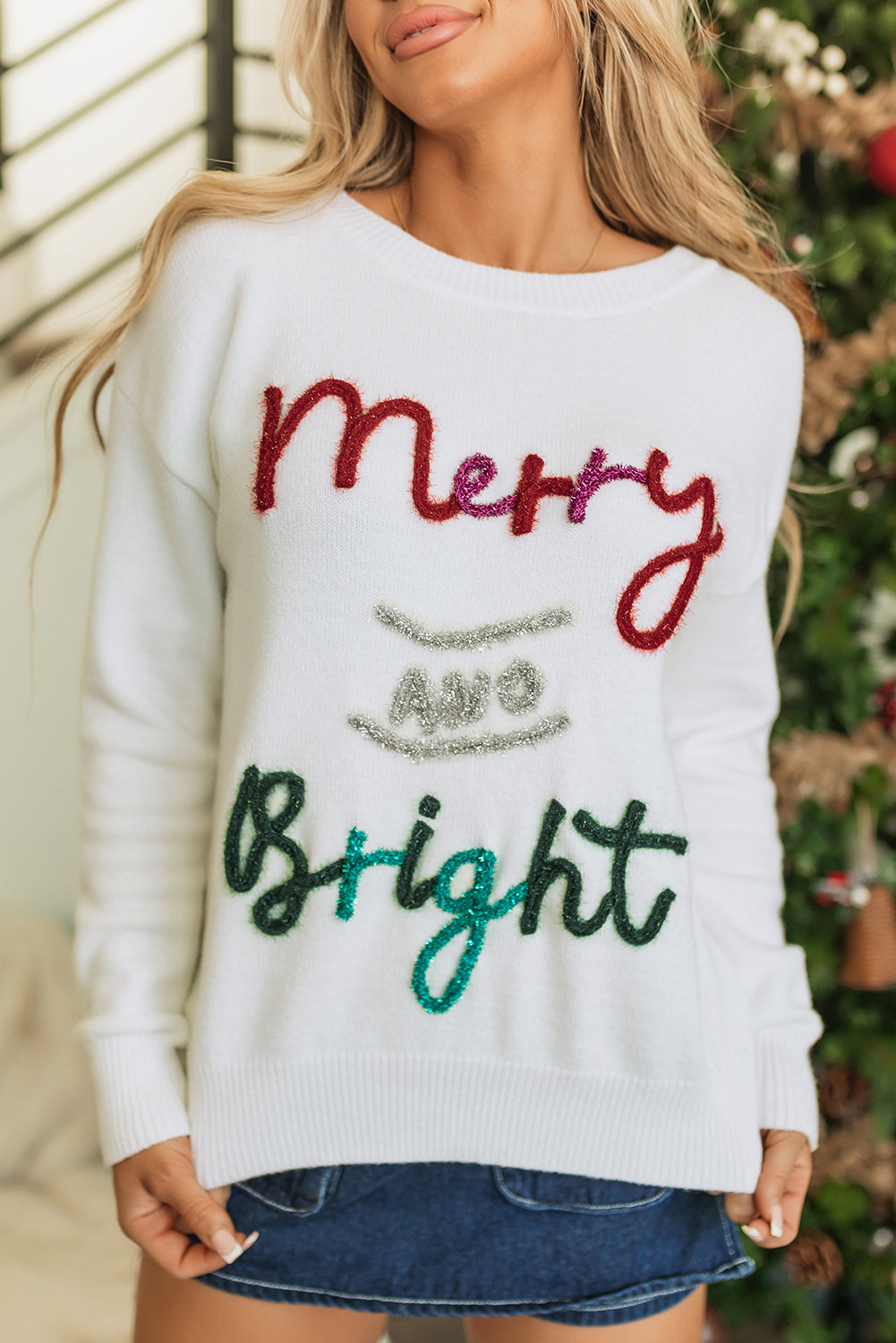 White Tinsel Merry and Bright Graphic Christmas Sweater