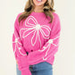 Bright Pink Corded Flower Bow Ribbed Trim Casual Sweater