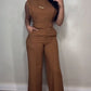 2 Pieces Round Neck Cap Sleeve Crop Top and Casual Pocket Design Straight Pants Set