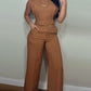 2 Pieces Round Neck Cap Sleeve Crop Top and Casual Pocket Design Straight Pants Set