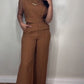 2 Pieces Round Neck Cap Sleeve Crop Top and Casual Pocket Design Straight Pants Set