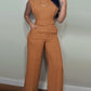 2 Pieces Round Neck Cap Sleeve Crop Top and Casual Pocket Design Straight Pants Set