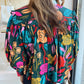 Green Floral Knot Split Neck Puff Sleeve Blouse