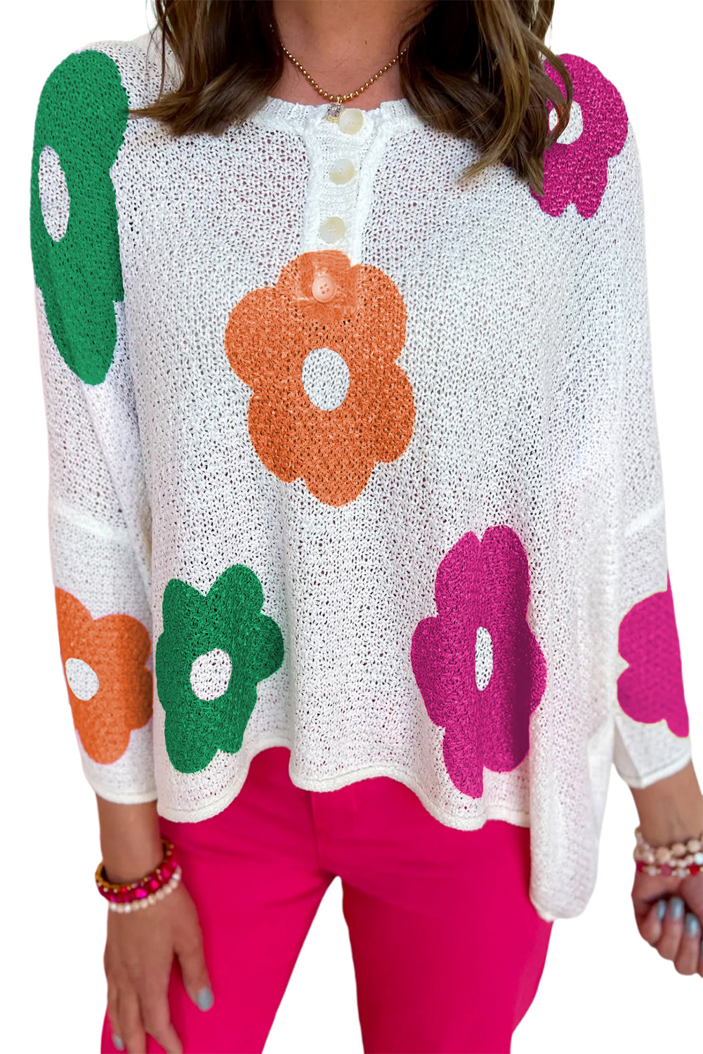 White Floral Print Buttoned Loose Lightweight Sweater