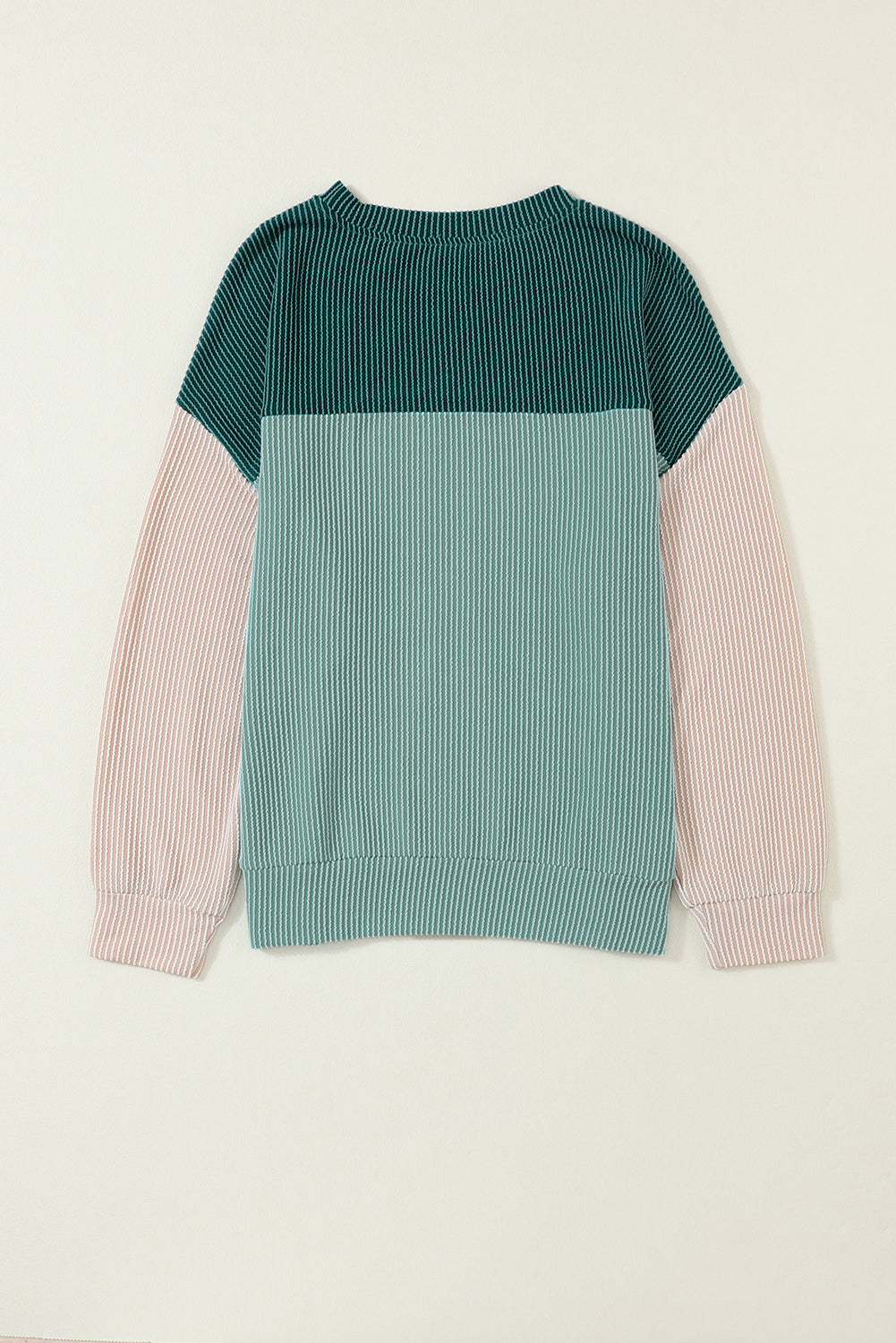 Green Color Block Long Sleeve Ribbed Loose Top