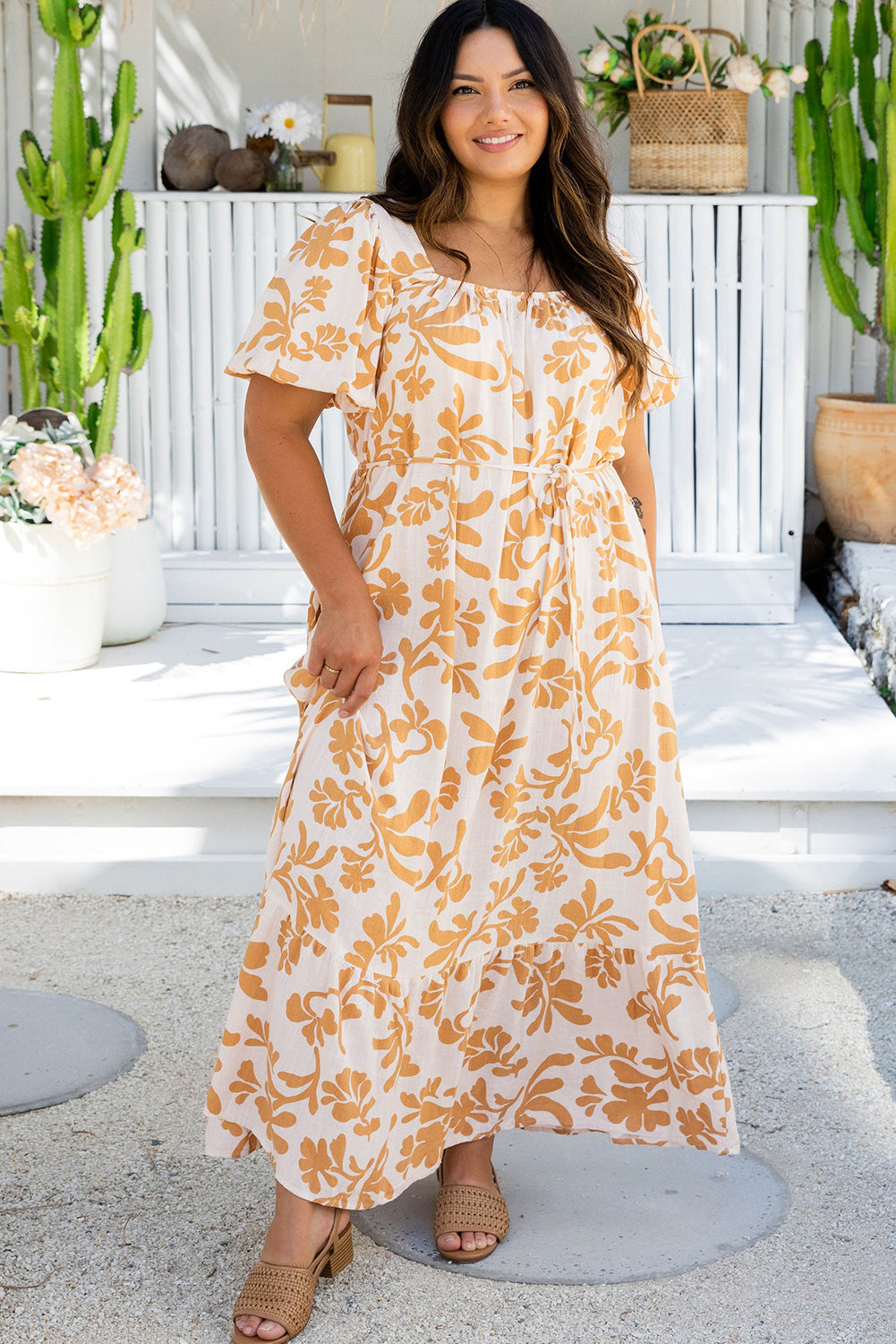 Apricot Floral Print Puff Short Sleeve Resort Plus Size Maxi Dress