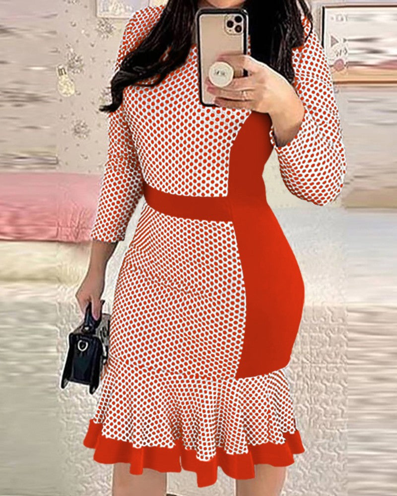 Polka Dot Print Mermaid Hem Work Dress