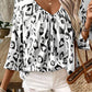 Black Leopard Print Ruched V Neck 3/4 Sleeve Blouse