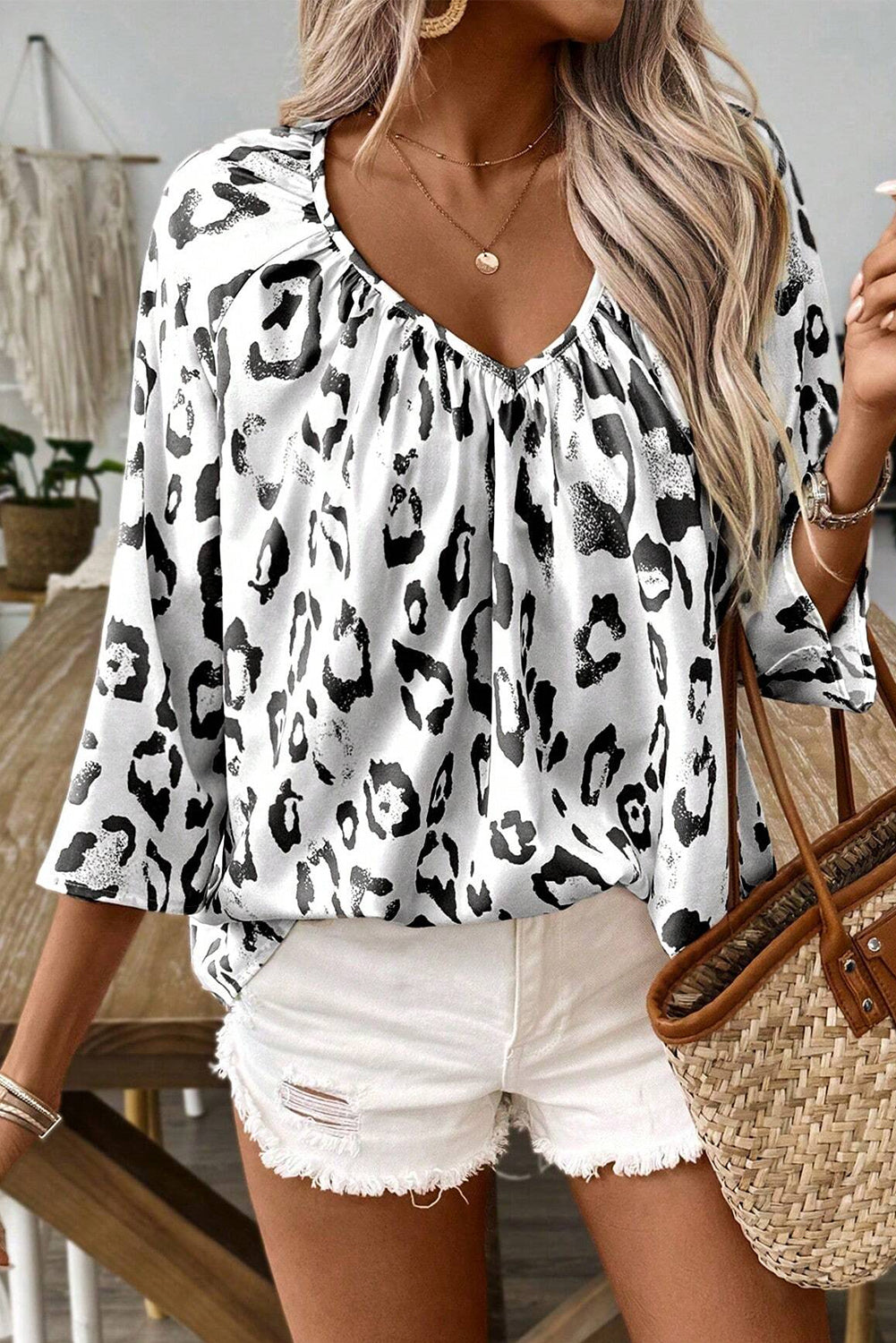 Black Leopard Print Ruched V Neck 3/4 Sleeve Blouse