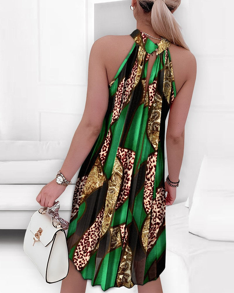 Floral Leopard Print Halter Sleeveless Ruched Cold Shoulder A Line Dress Vacation Dress