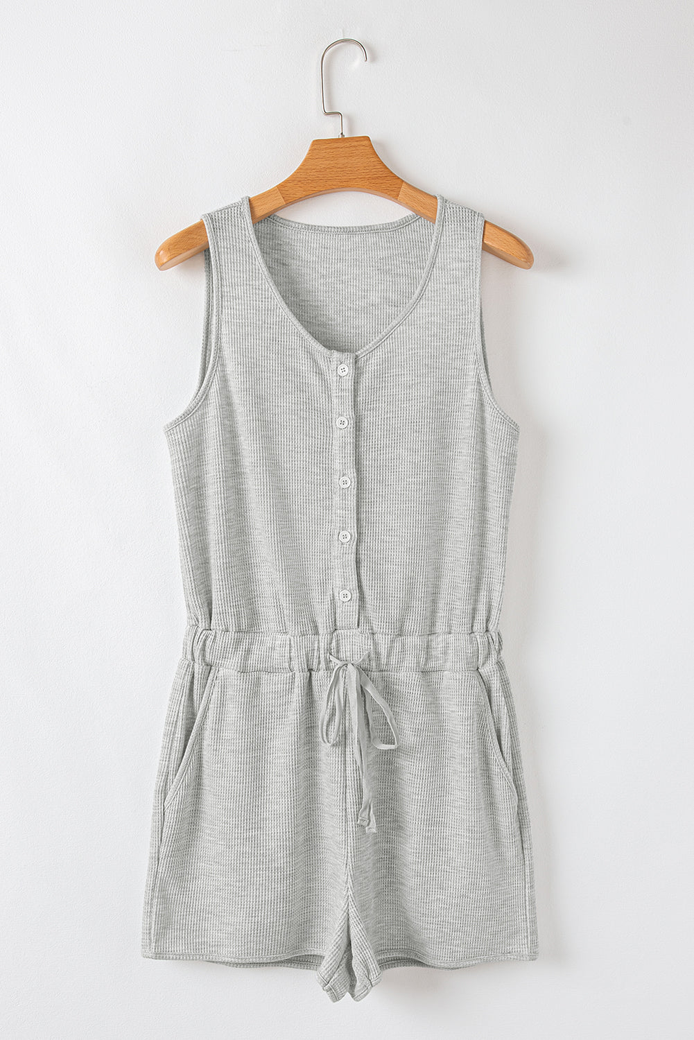 Light Grey Waffle Knit Sleeveless Buttoned Front Drawstring Waist Romper