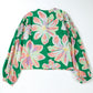 Green Floral Print Button up Pleated Puff Sleeve Loose Shirt