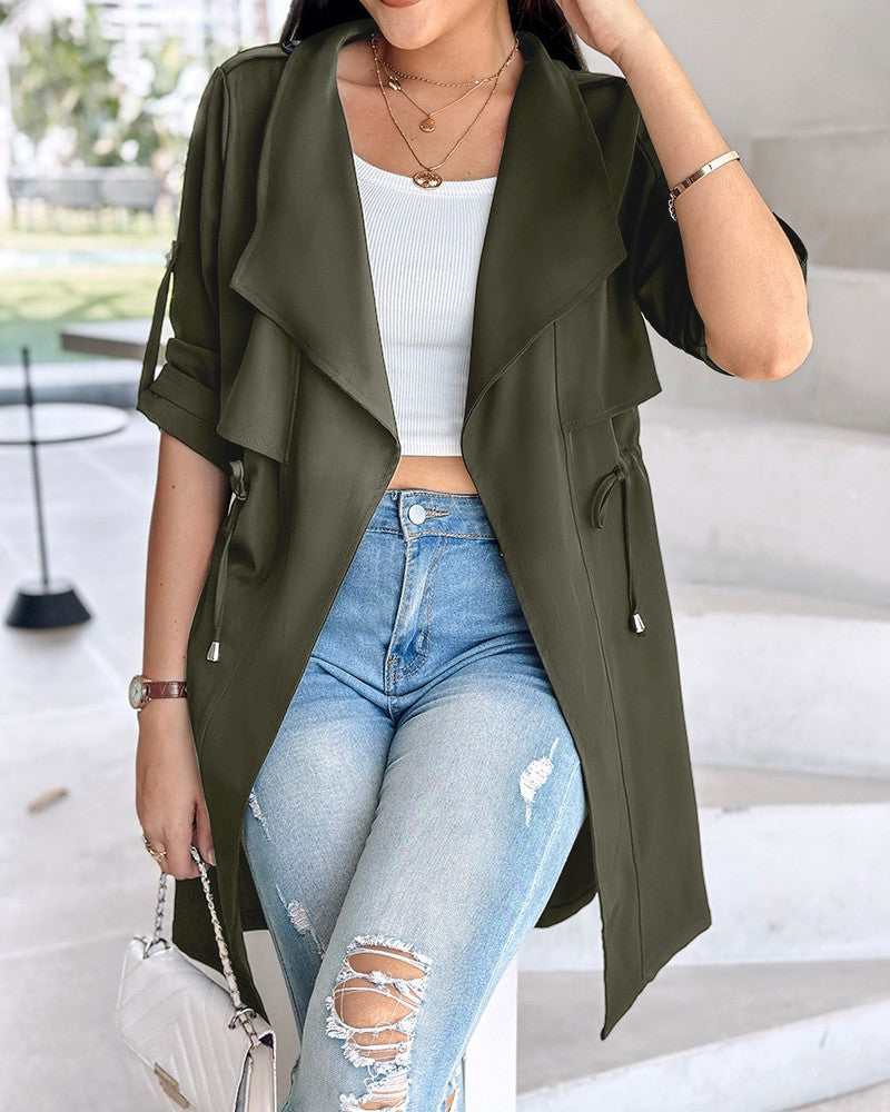 Roll Tab Sleeve Drawstring Trench Coat