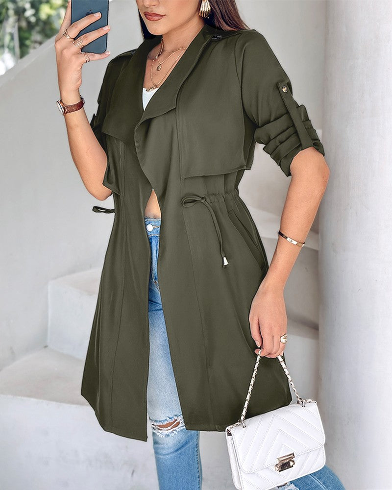 Roll Tab Sleeve Drawstring Trench Coat