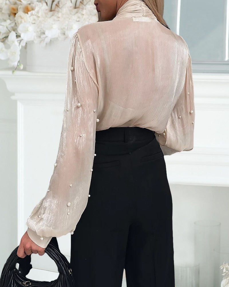 Tie Neck Beaded Long Sleeve Tied Detail Blouses Casual Shirts