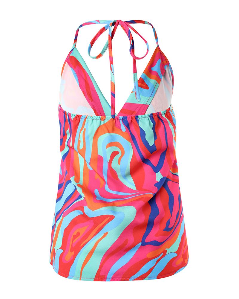 Abstract Print Halter Sleeveless Wrap Tank Top