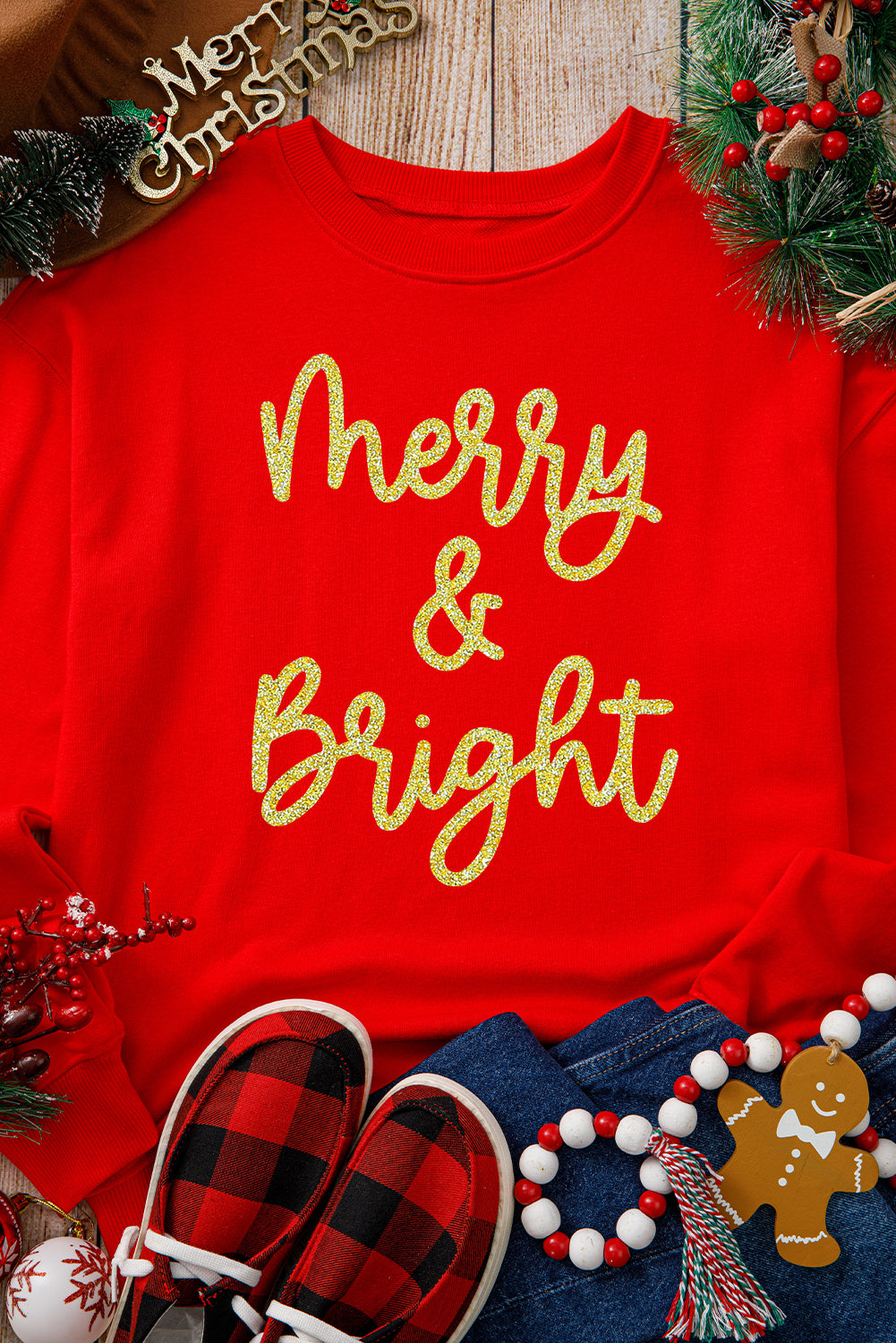 Red Merry & Bright Printed Christmas Pullover Sweatshirt