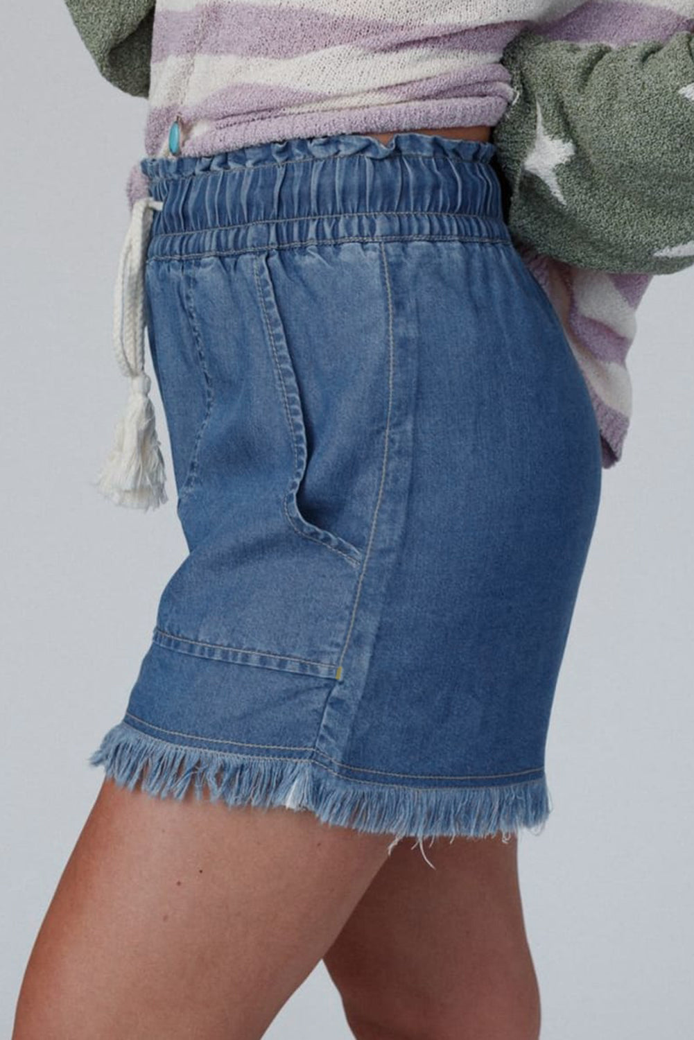 Ashleigh Blue Raw Hem Drawstring High Waist Denim Shorts with Pockets