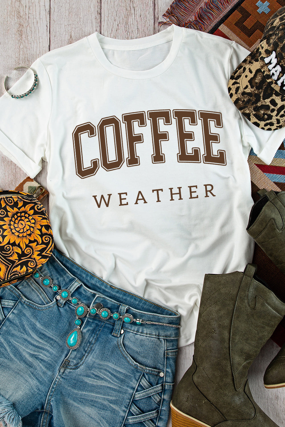 White COFFEE WEATHER Round Neck Graphic T Shirt