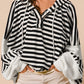 Black white Oversized Striped Henley Buttons Dolman Sleeve Hooded Top