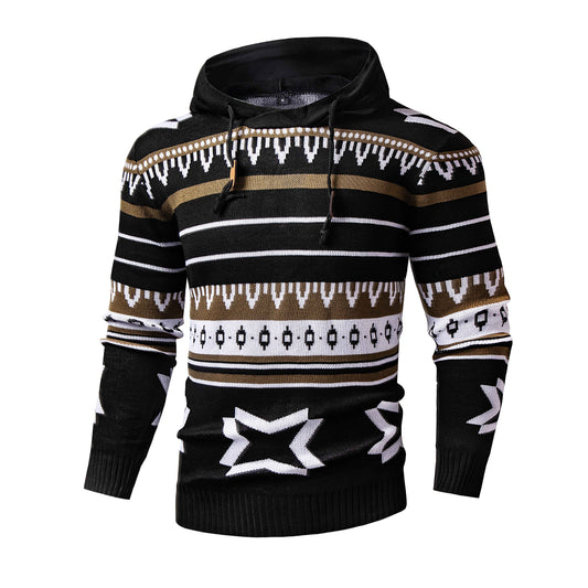 Men's black hooded knitted sweatshirt mixed graphic fashion autumn and winter