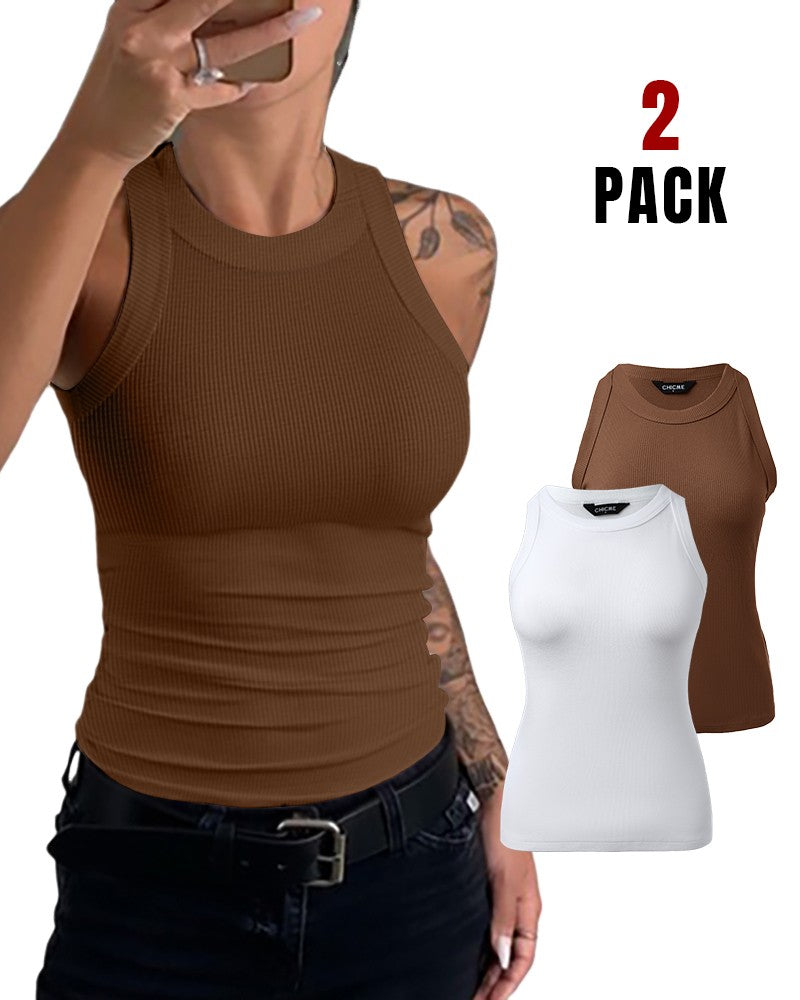 2 Pack Round Neck Thick Strap Racerback Ribbed Tank Slim Fit Tops without Bra Pads