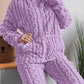 2PCS Jacquard Textured Stand Collar Zip Up Fuzzy Teddy Top & Pants Set