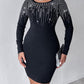 Pullover Mini Sweater Dresses Crew Neck Long Sleeve Rhinestone Decor Bodycon Dress