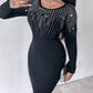 Pullover Mini Sweater Dresses Crew Neck Long Sleeve Rhinestone Decor Bodycon Dress