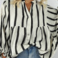 Black Stripe Crinckled Ruffled Sleeve Button up Loose Shirt