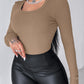 U Neck Built in Bra Long Sleeve Ribbed Top