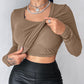 U Neck Built in Bra Long Sleeve Ribbed Top