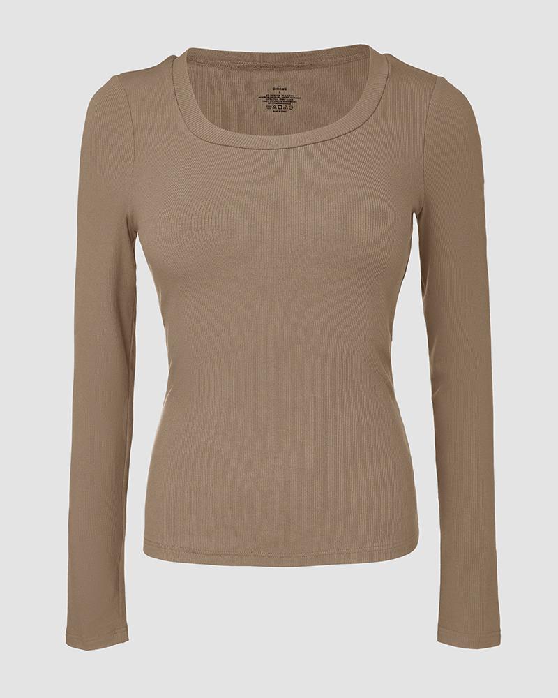 U Neck Built in Bra Long Sleeve Ribbed Top