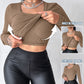 U Neck Built in Bra Long Sleeve Ribbed Top