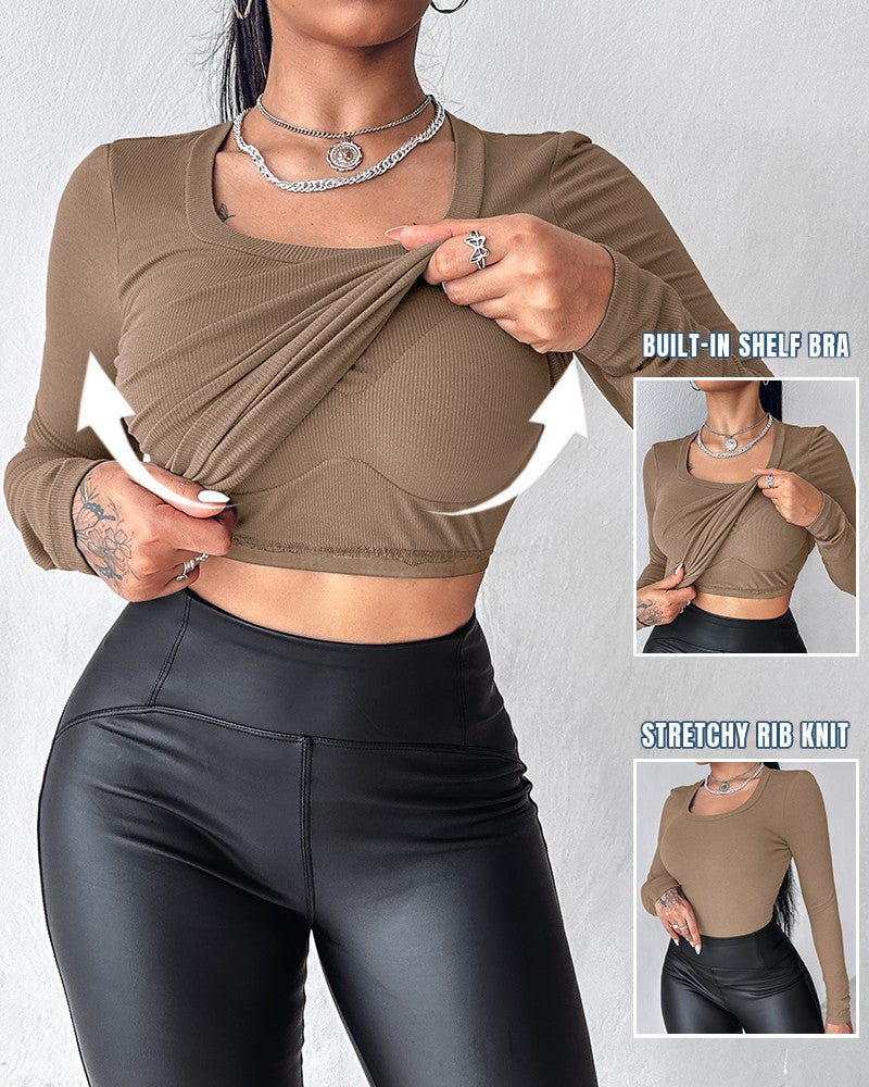 U Neck Built in Bra Long Sleeve Ribbed Top