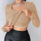 U Neck Built in Bra Long Sleeve Ribbed Top