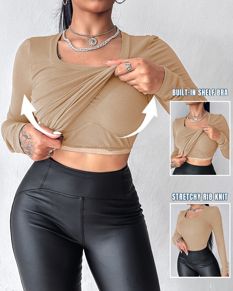 U Neck Built in Bra Long Sleeve Ribbed Top